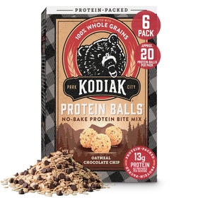 Kodiak Cakes Oatmeal Protein Ball Mix packaging shows six boxes for easy snacking.