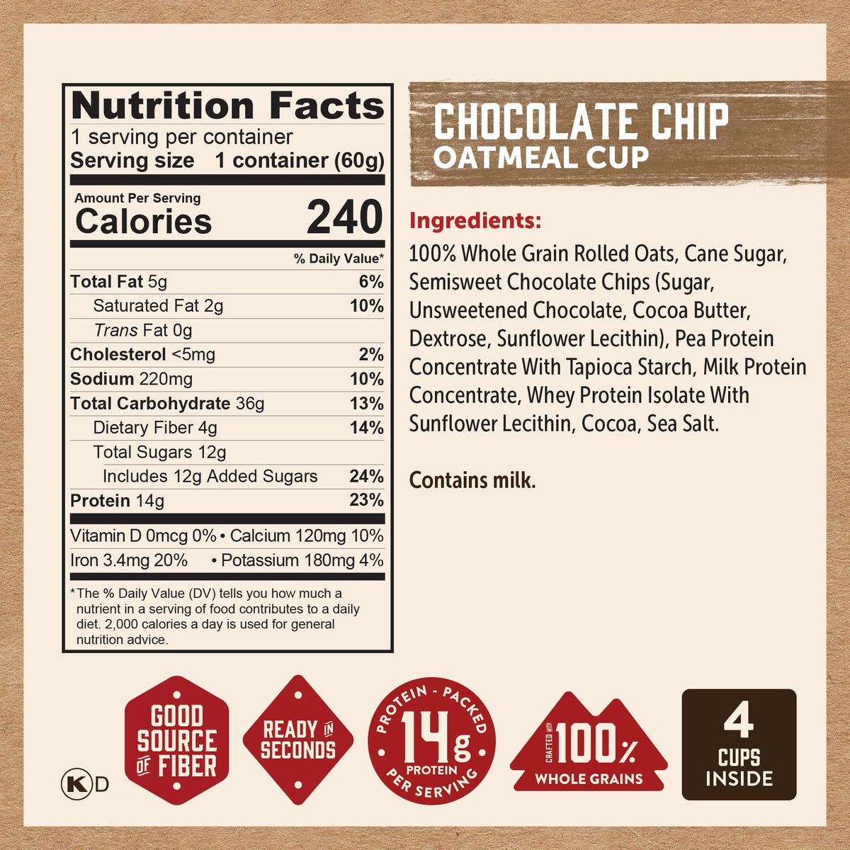 Kodiak Cakes Oatmeal Unleashed nutrition graphic highlights 14g protein per cup