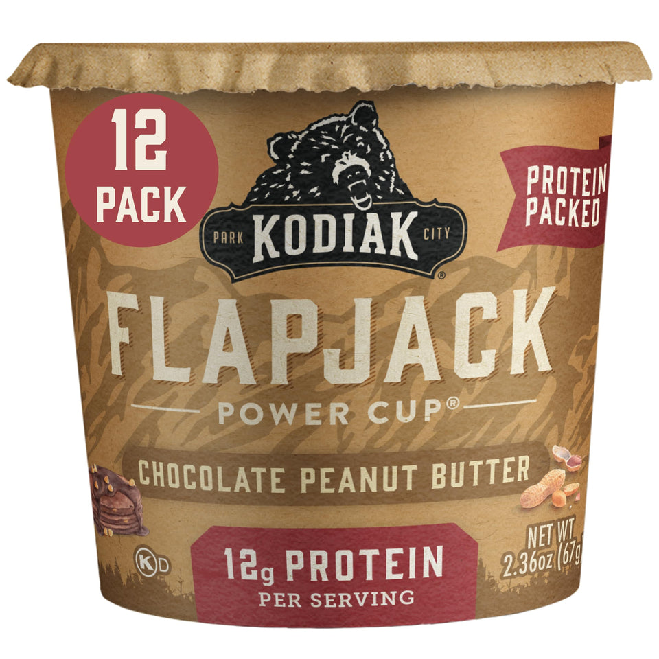 Kodiak Cakes On the Go Chocolate Peanut Butter box front for quick, protein-packed mornings.