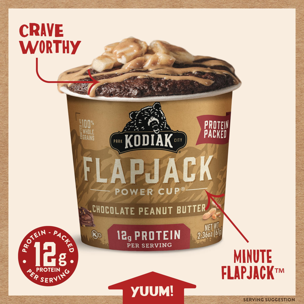 Kodiak Cakes On the Go chocolate peanut butter ingredients closeup highlights whole grains and protein.