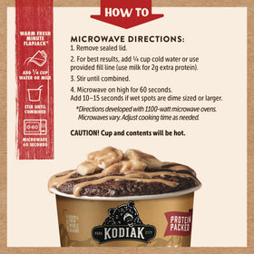 Kodiak Cakes On the Go chocolate peanut butter water pour suggests easy one-minute prep.