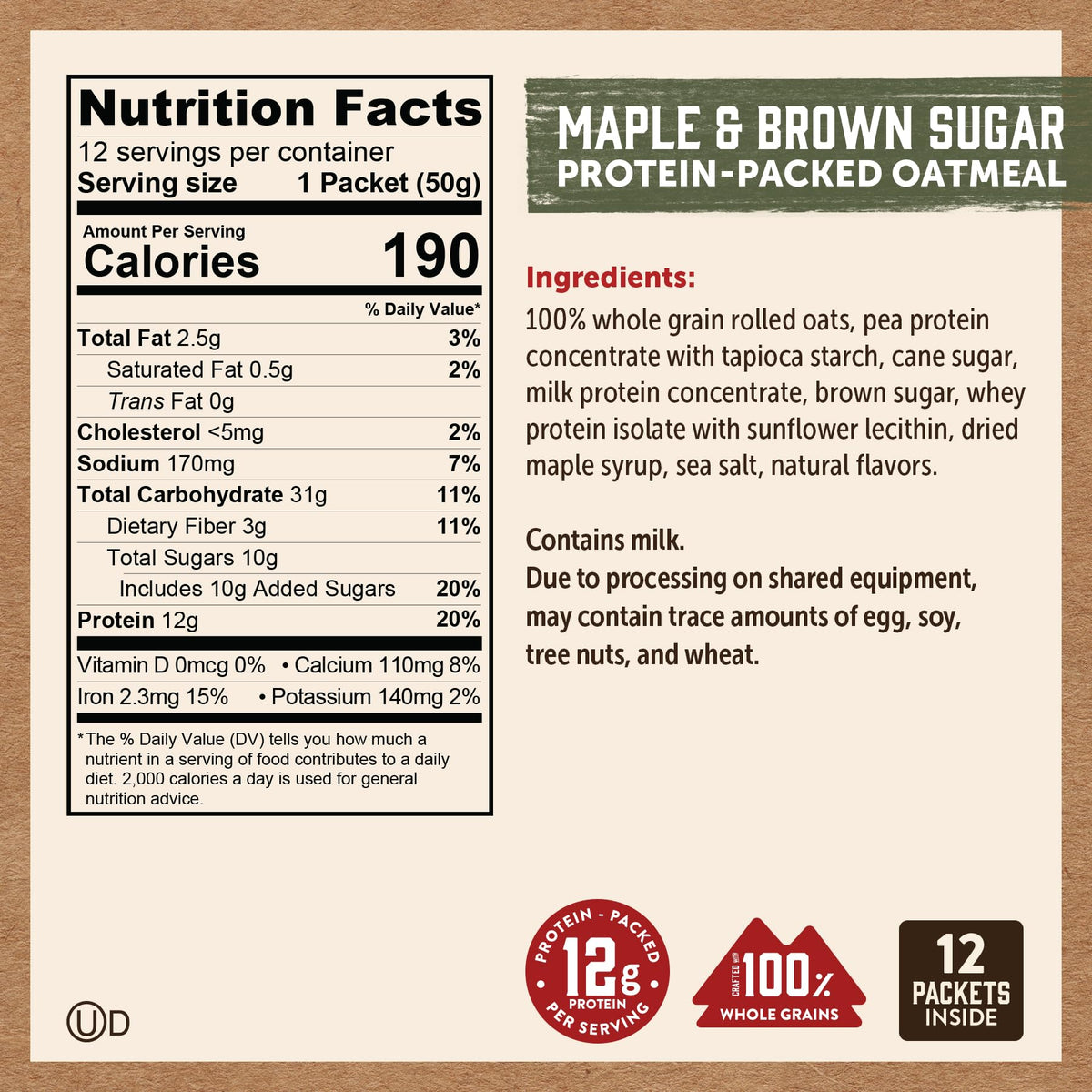 Kodiak Cakes oatmeal packet open and ready to pour into hot water or milk