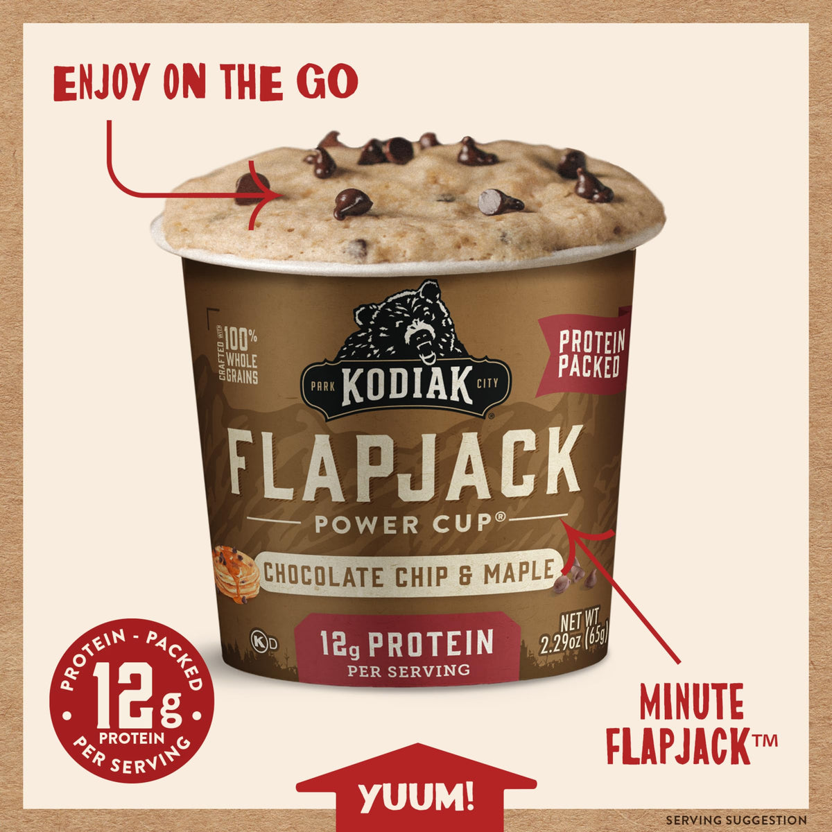 Kodiak Cakes Pancake On The Go cup close-up showing fluffy texture and chips.
