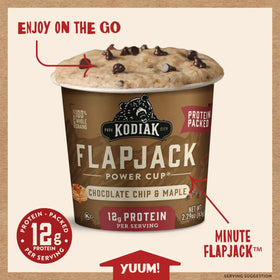 Kodiak Cakes Pancake On The Go cup close-up showing fluffy texture and chips.