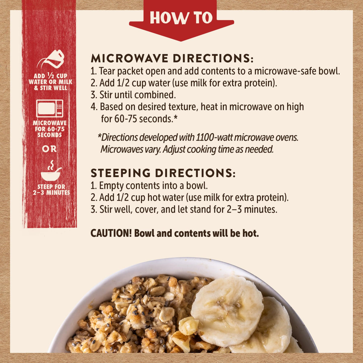 Kodiak Cakes Peak Banana Nut Oatmeal ingredients close-up features whole grains and nuts.