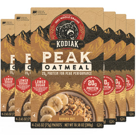 Kodiak Cakes Peak Banana Nut Oatmeal pack front view highlights a convenient 24-pack breakfast.