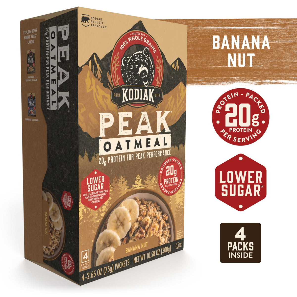 Kodiak Cakes Peak Banana Nut Oatmeal packets close-up shows 20g protein per serving.