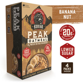 Kodiak Cakes Peak Banana Nut Oatmeal packets close-up shows 20g protein per serving.