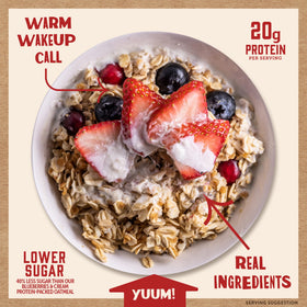 Kodiak Cakes Peak oats in a bowl image, ready-in-minutes breakfast with berries and cream.