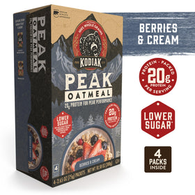 Kodiak Cakes Peak box packaging visible, illustrating a 6-box, 24-packet multi-pack for busy mornings.