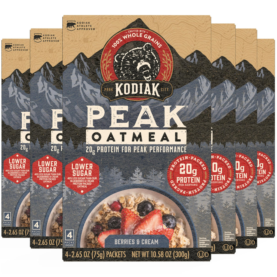 Kodiak Cakes Peak Oatmeal packets close-up showing berries and cream for a quick protein boost.