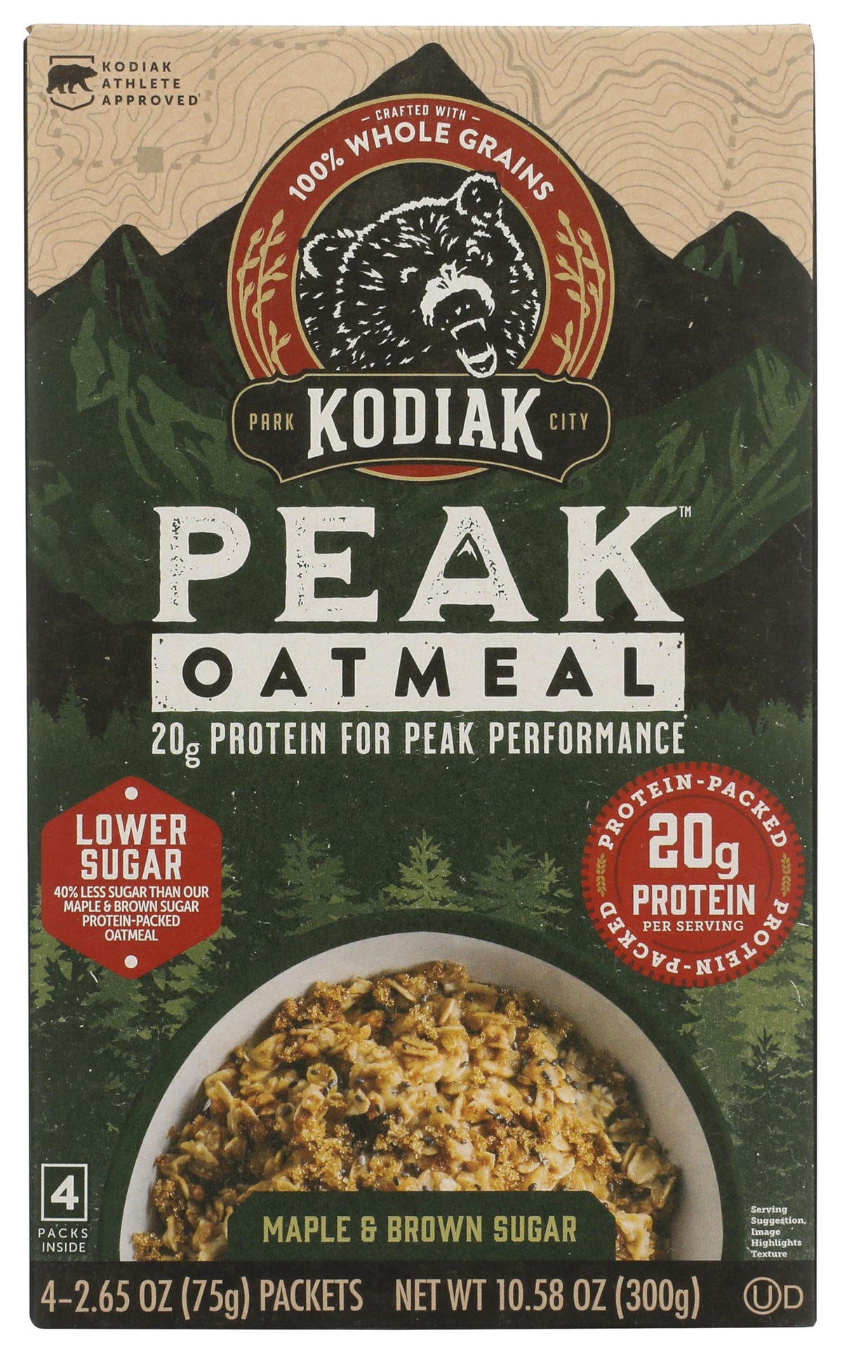 Kodiak Cakes Peak Oatmeal Maple Brown Sugar packets in a box, high-protein breakfast option.