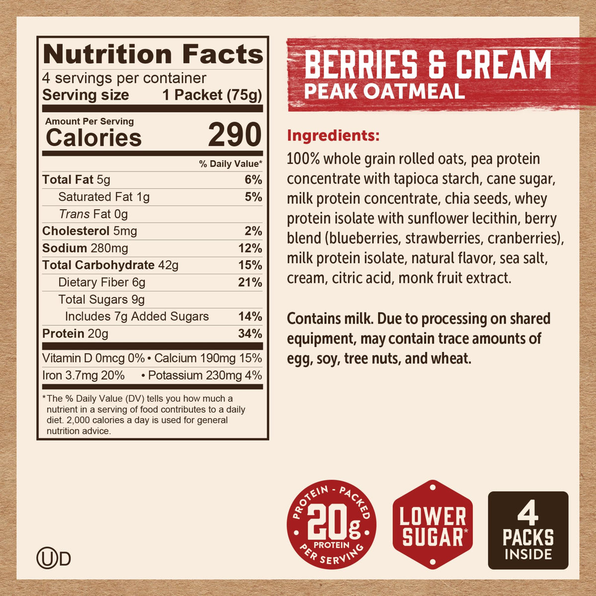 Kodiak Cakes Peak quick-prep image shows 1-minute preparation time.