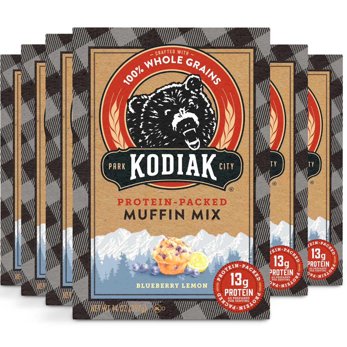 Kodiak Cakes Power Bake Blueberry Lemon muffin mix in a 14 oz pack, ready to bake.