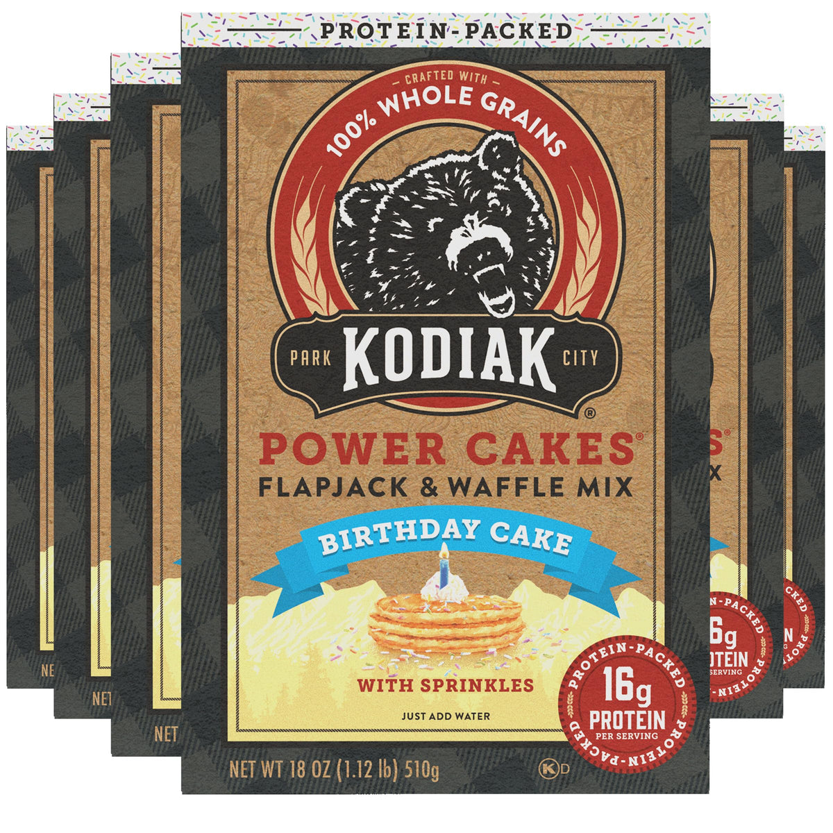Kodiak Cakes Birthday Cake mix box ready for weekend breakfasts.