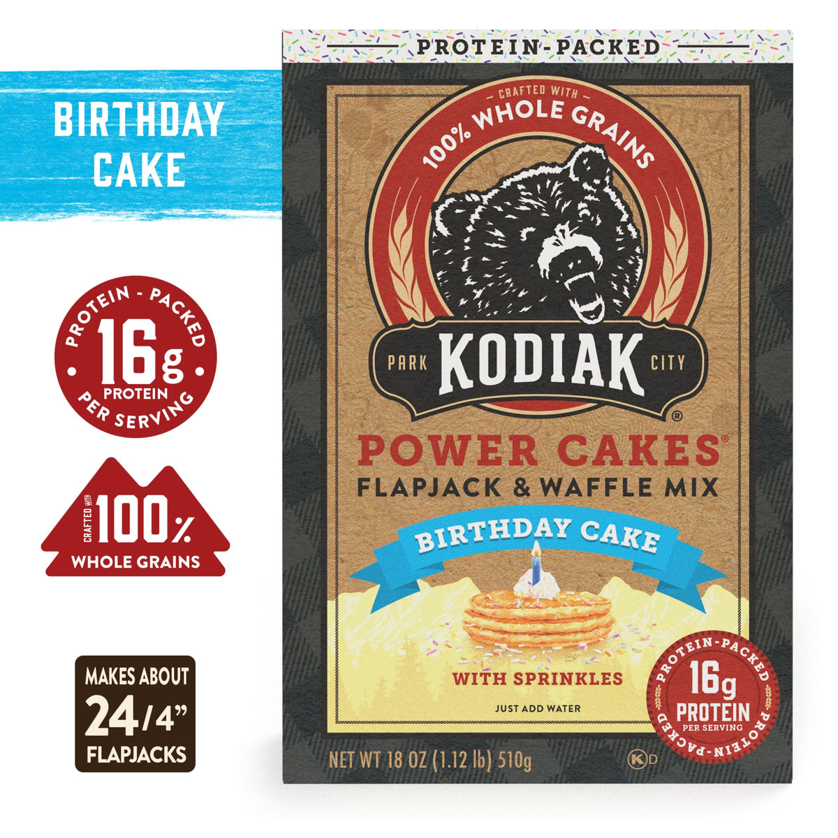 Kodiak Cakes Birthday Cake pancakes plated, fluffy and protein-rich for quick mornings.