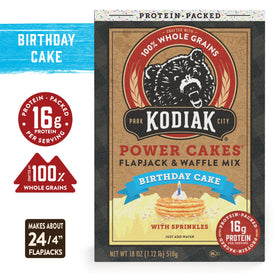 Kodiak Cakes Birthday Cake pancakes plated, fluffy and protein-rich for quick mornings.
