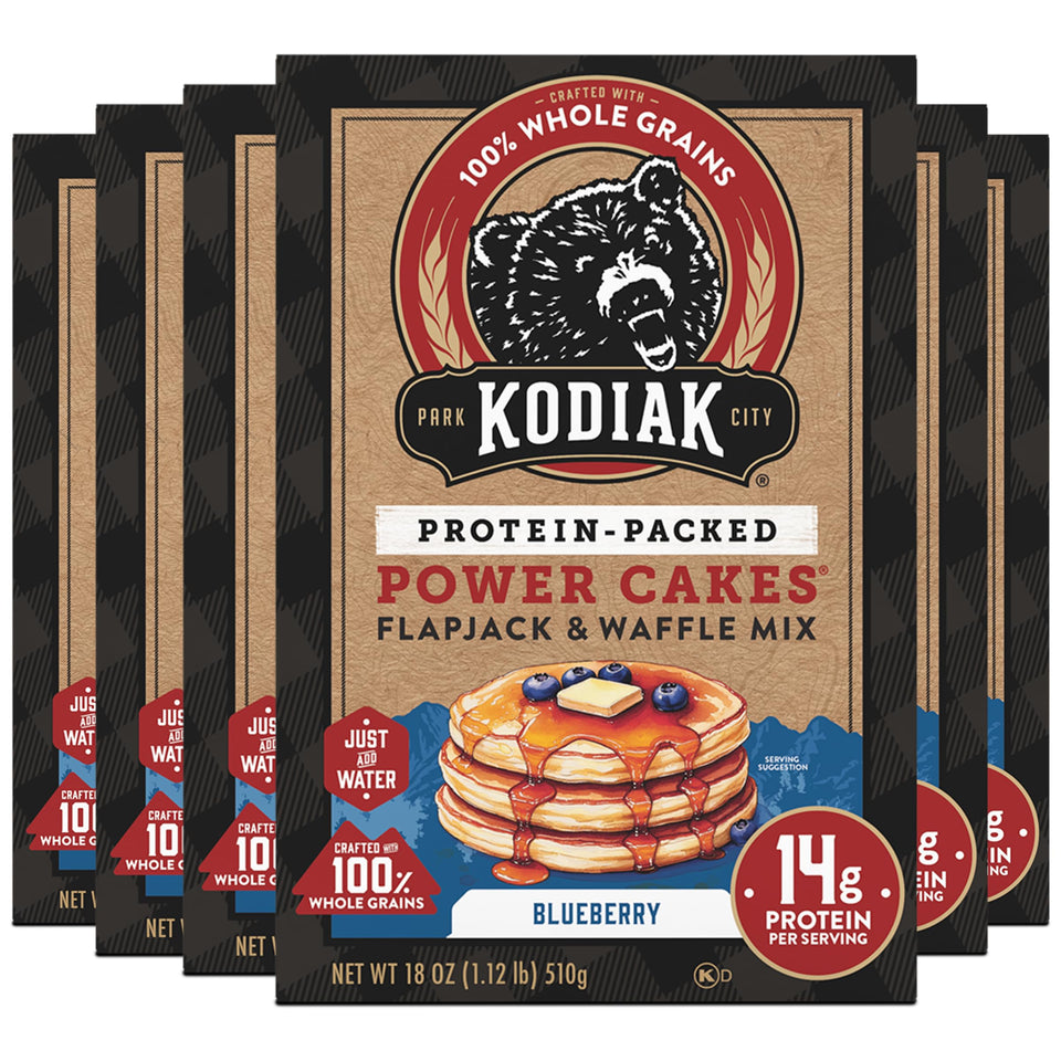 Kodiak Cakes Power Cakes Blueberry mix box, a high-protein breakfast option.