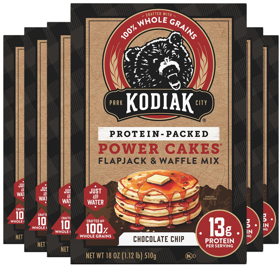 Kodiak Cakes Power Cakes chocolate chip pack 6: protein-rich breakfast mix.