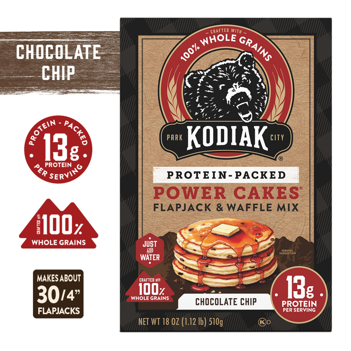 Kodiak Cakes Power Cakes protein-per-serving feature fuels busy mornings.