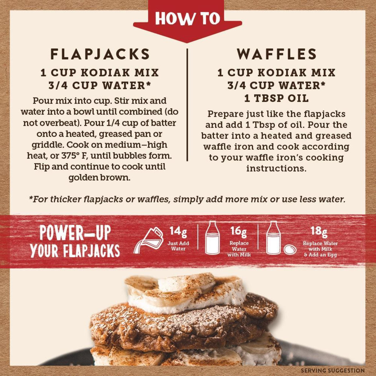 Kodiak Cakes protein pancake mix measuring scoop pouring into bowl.