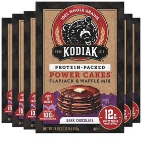 Kodiak Cakes Dark Chocolate Power Cakes box front, ready-to-use breakfast option.