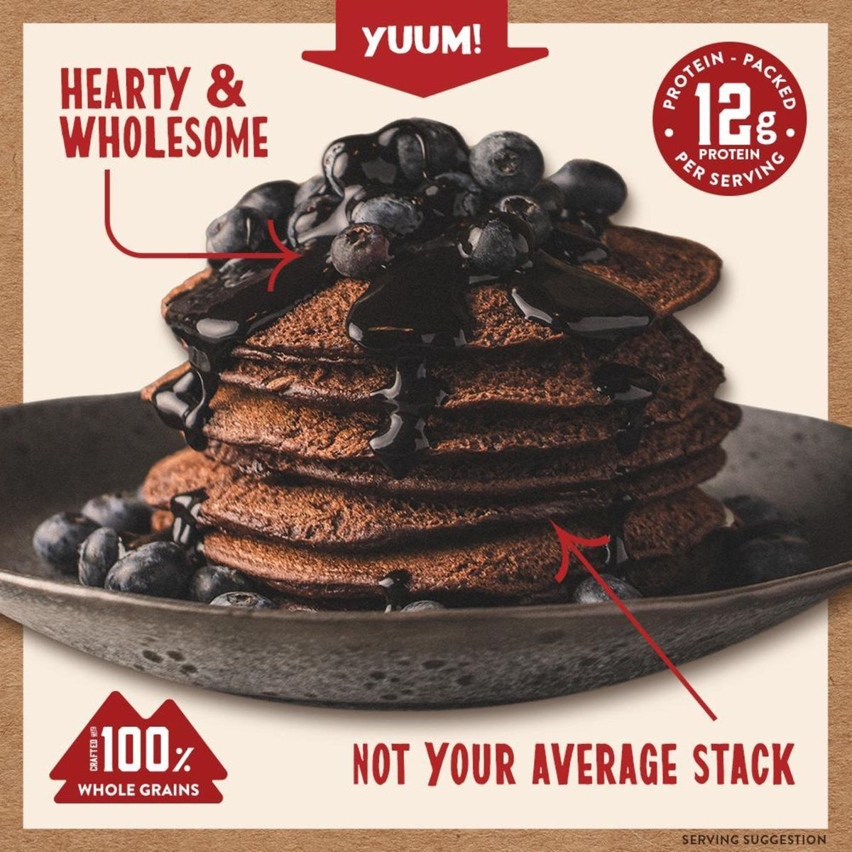 Kodiak Cakes dark chocolate dry mix bag showing whole-grain ingredients.