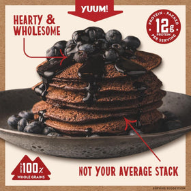 Kodiak Cakes dark chocolate dry mix bag showing whole-grain ingredients.