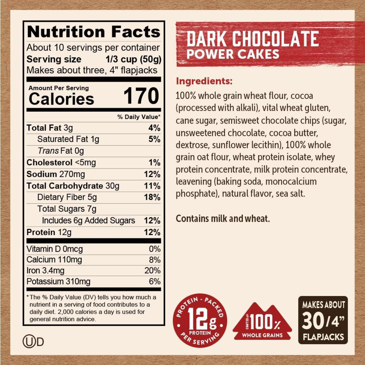 Kodiak Cakes ingredients label highlighting whole wheat and oats.