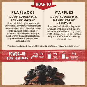 Kodiak Cakes pouring mix into pan for quick breakfast preparation.