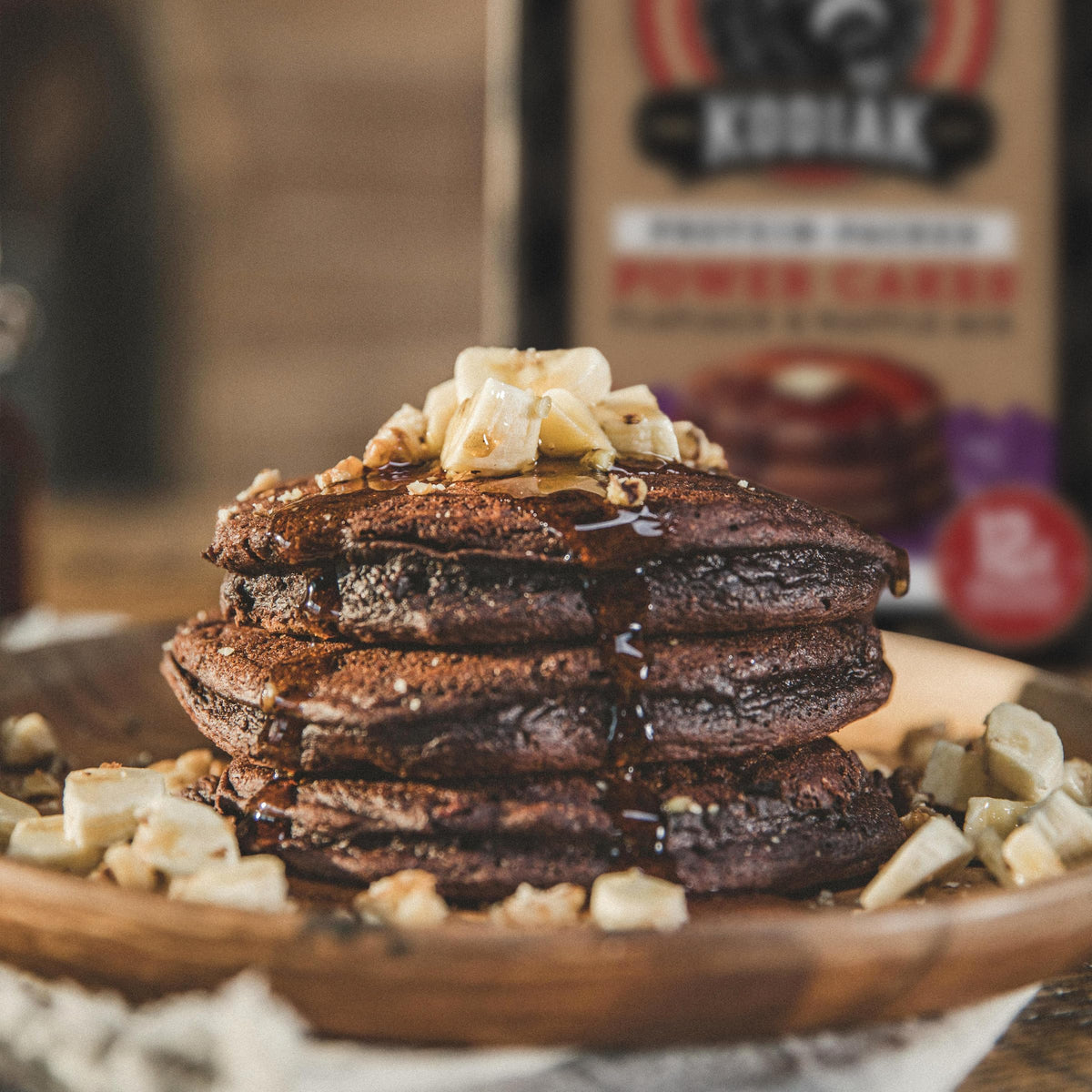 Recycled box packaging for Kodiak Cakes Power Cakes Dark Chocolate.