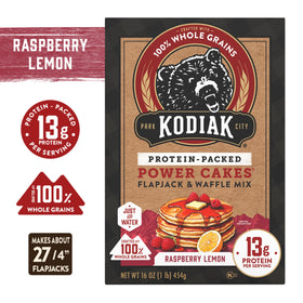 Kodiak Cakes Raspberry Lemon batter being poured signals quick, flavorful mornings.