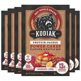 Kodiak Cakes Raspberry Lemon box promotes a protein-packed wholesome breakfast foundation.
