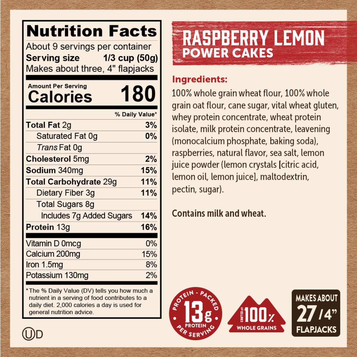 Kodiak Cakes Raspberry Lemon ingredients highlight whole grains.