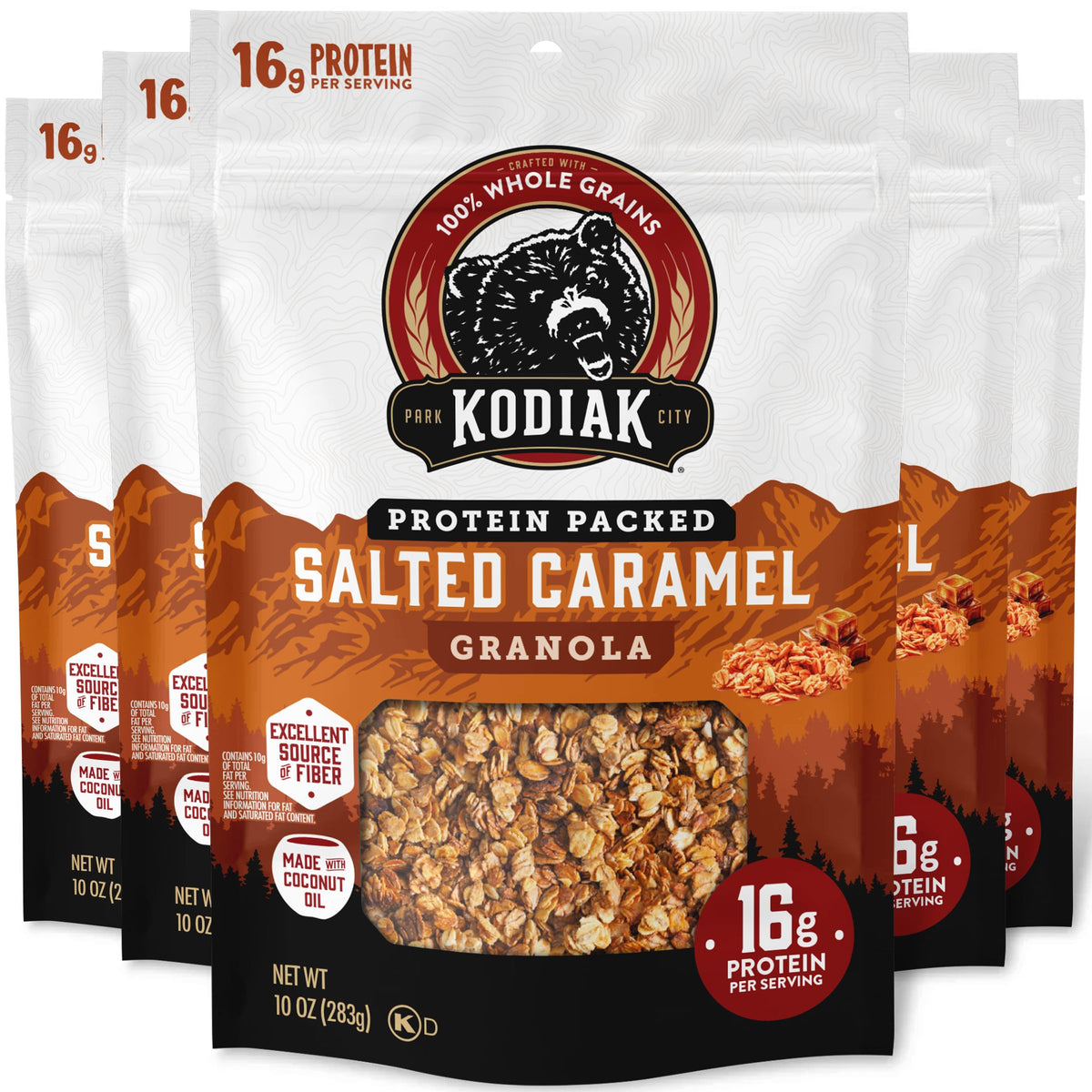 Kodiak Cakes Salted Caramel Granola pack with resealable pouches and protein-packed whole grains.