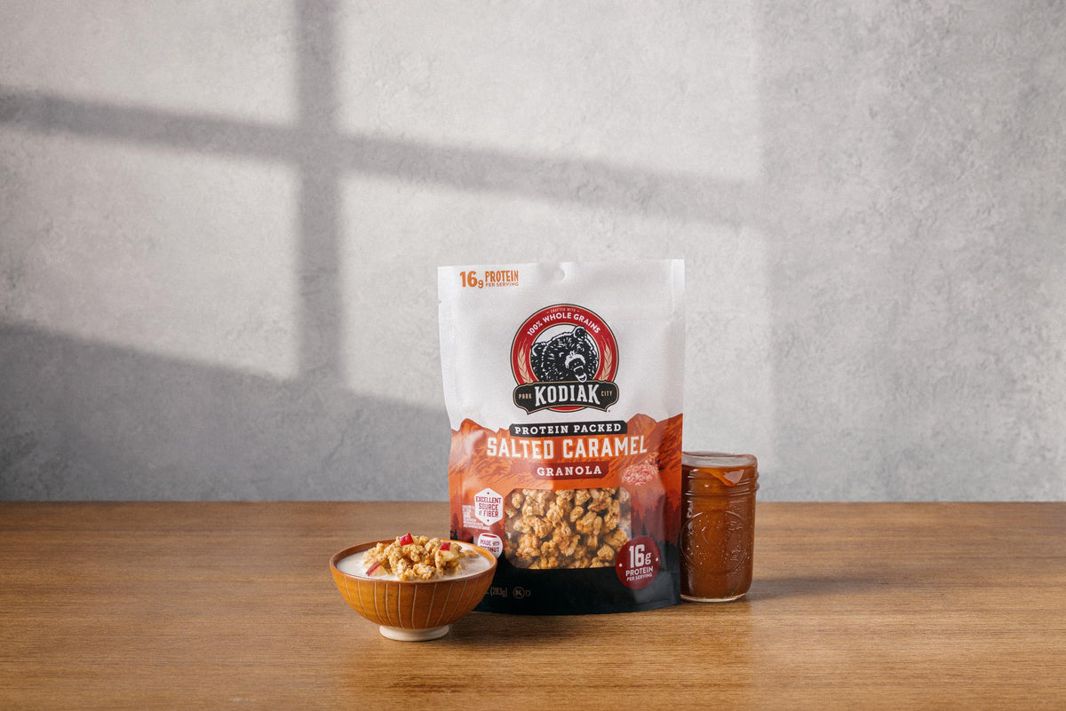 Kodiak Cakes Salted Caramel Granola texture showing crunchy clusters and grainy bite.