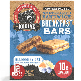 Kodiak Cakes Soft Baked Blueberry Oat Bar packaging highlights protein-packed breakfast option