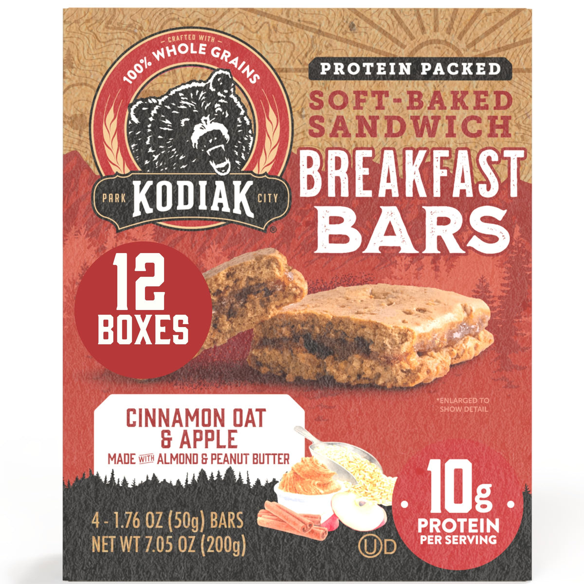 Kodiak Cakes Cinnamon Oat & Apple bar box front, quick, protein-packed breakfast.