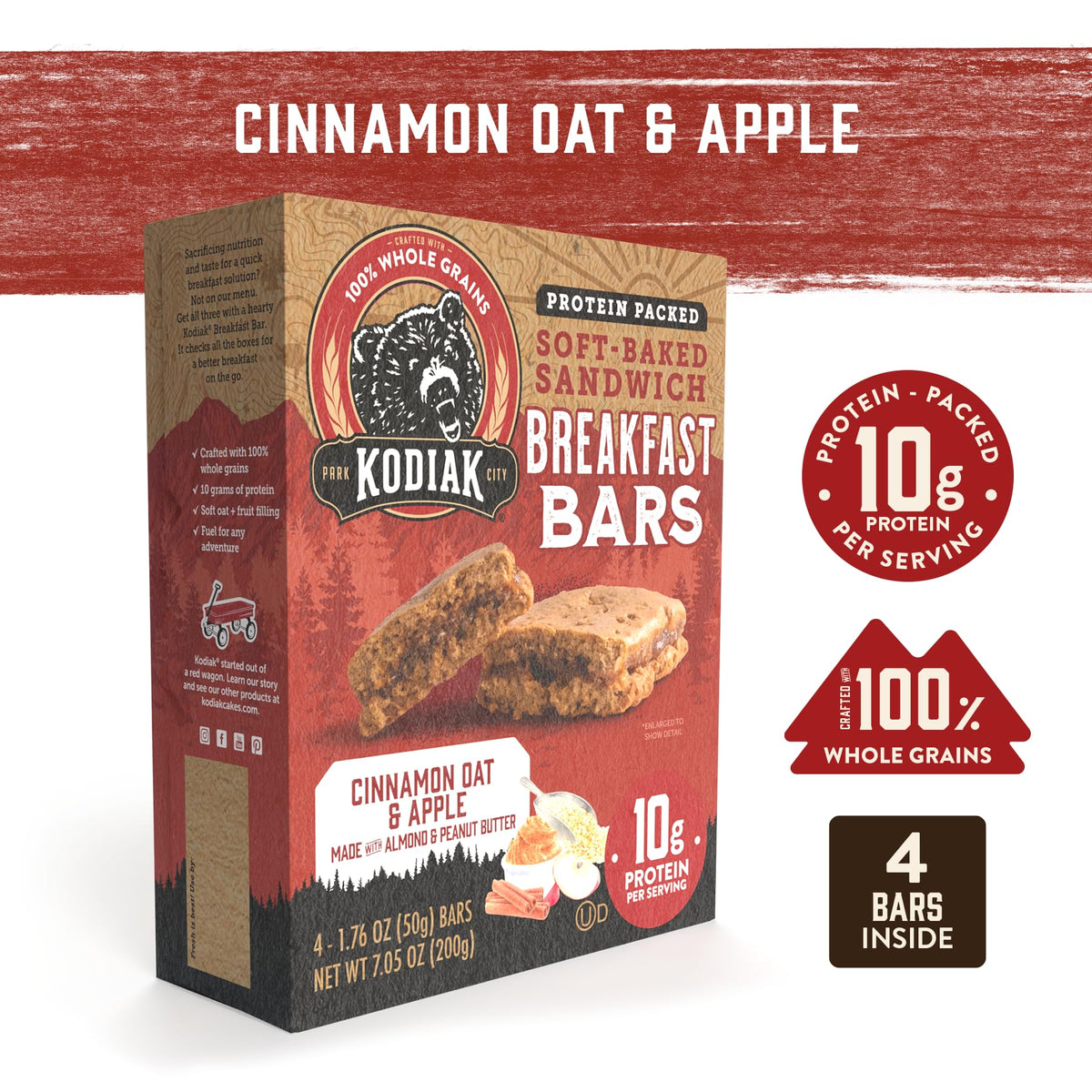 Kodiak Cakes Cinnamon Oat & Apple bar pack closeup highlighting whole grains for steady energy.