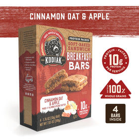 Kodiak Cakes Cinnamon Oat & Apple bar pack closeup highlighting whole grains for steady energy.