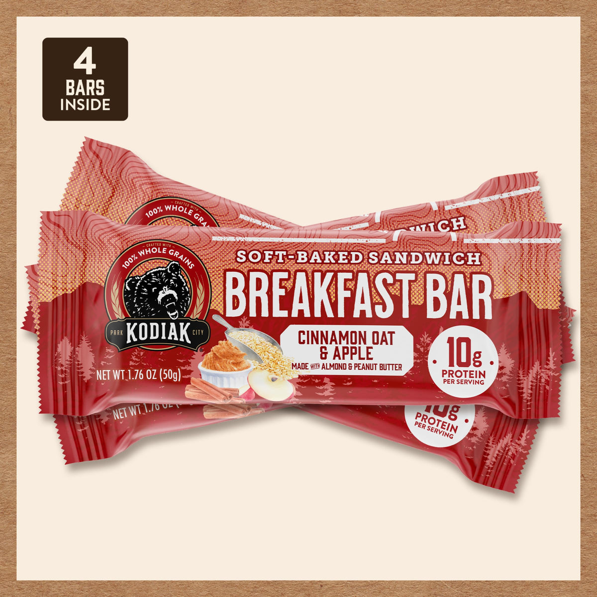 Kodiak Cakes bar ingredients lineup shows whole grains and protein benefits.
