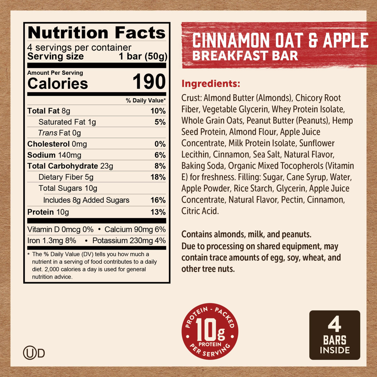 Kodiak Cakes Cinnamon Oat & Apple bar on kitchen counter with trail-ready setup.