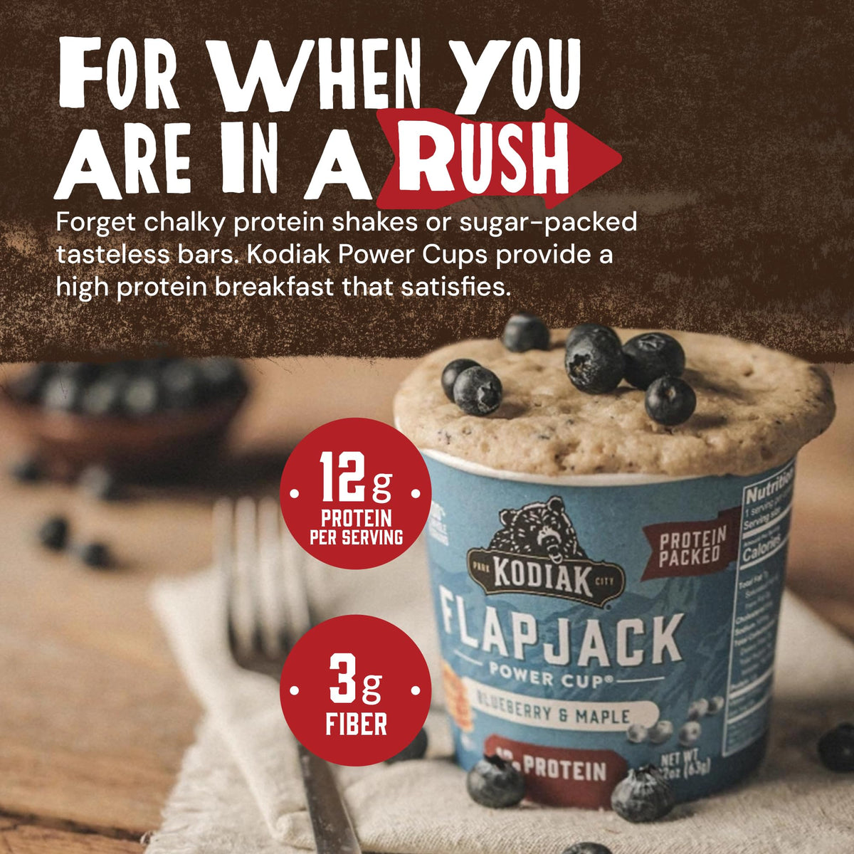 Kodiak Cakes Unleashed On the Go batter being poured for a fast, protein-rich meal.