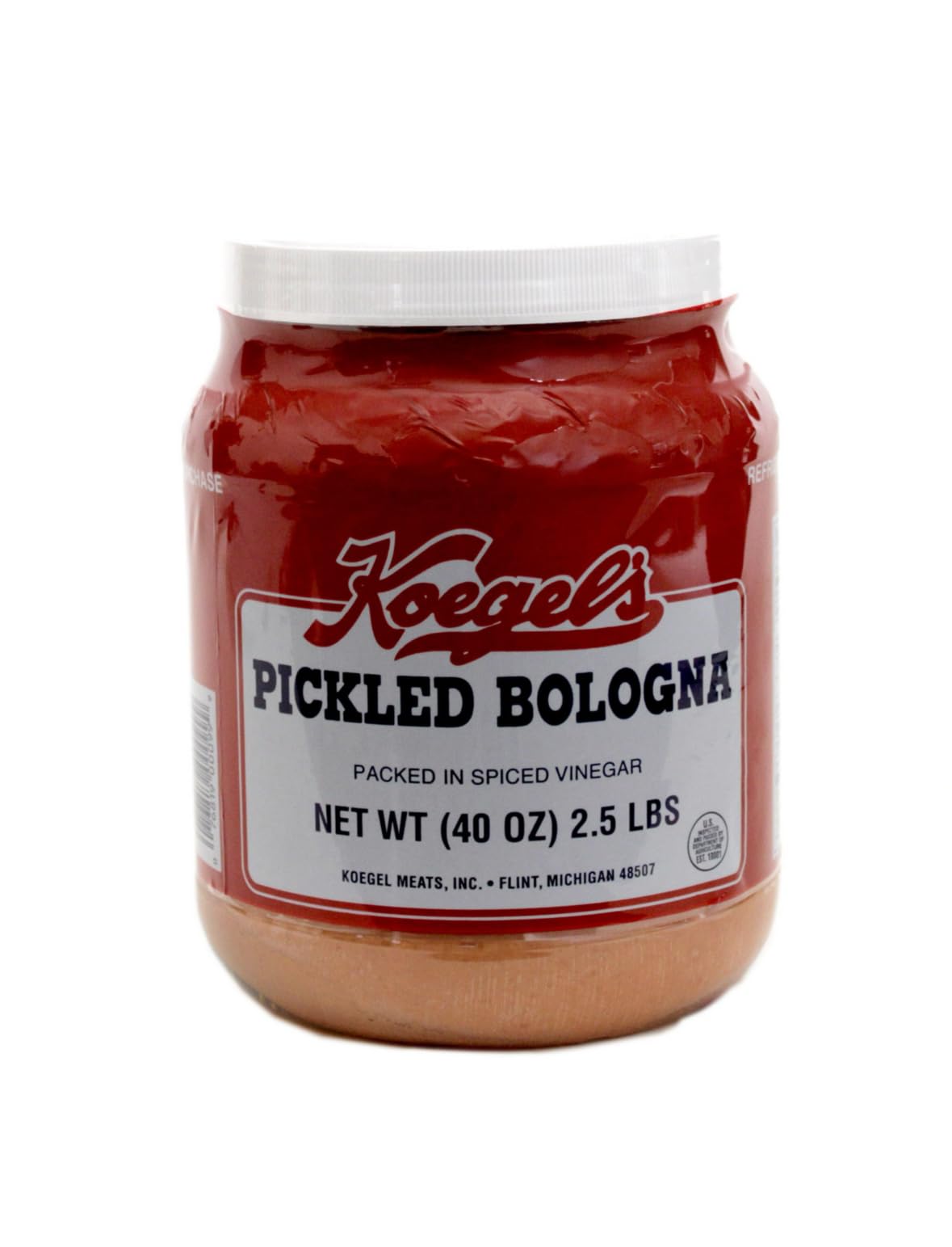 Koegel's pickled bologna jar front view — gluten-free, tangy snack ready to serve.