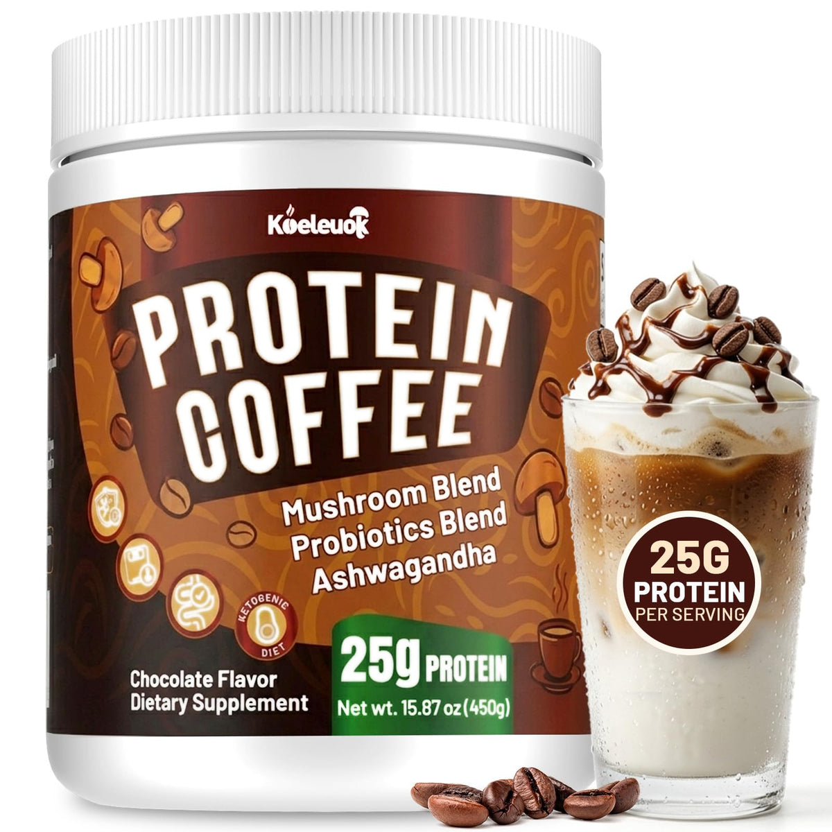 Koeleuok protein coffee jar closeup for a morning protein boost