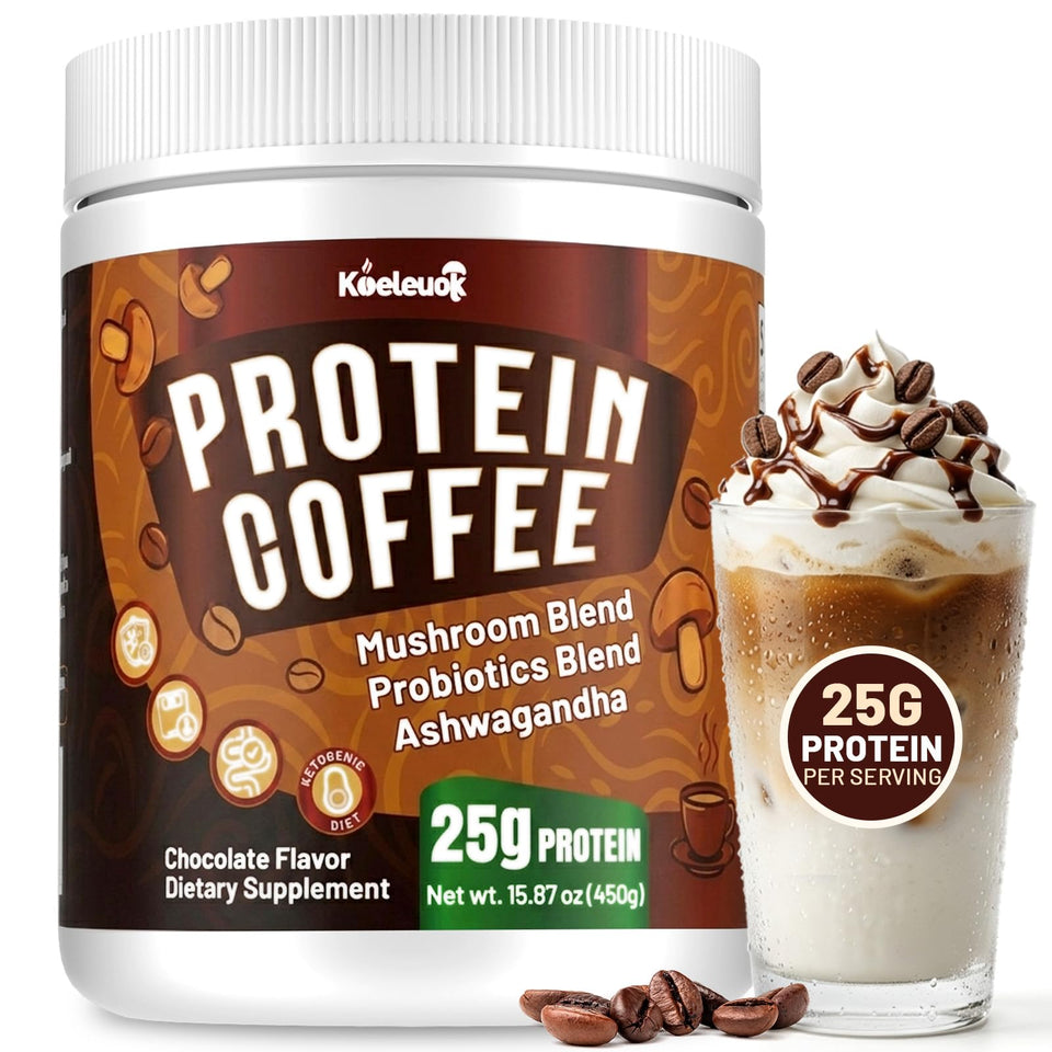 Koeleuok protein coffee jar closeup for a morning protein boost