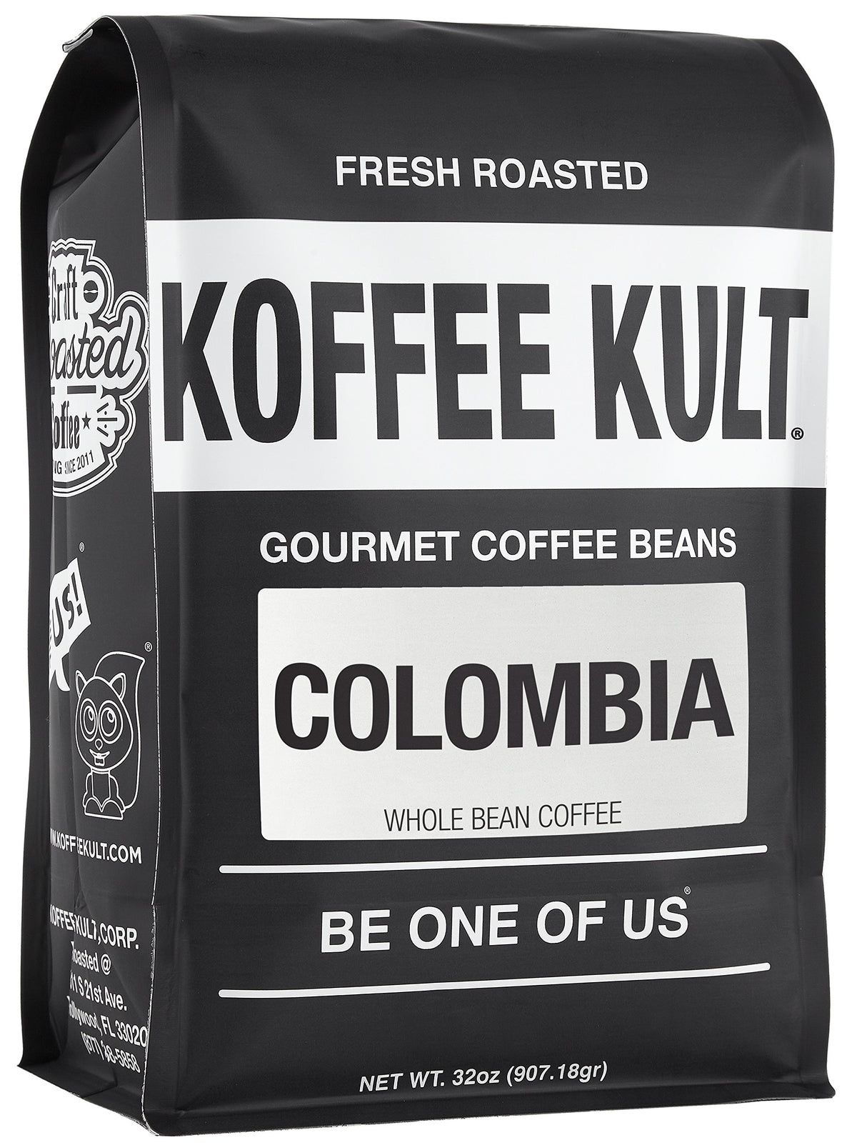 Koffee Kult Colombia Arabica whole beans 32oz bag for versatile brewing.