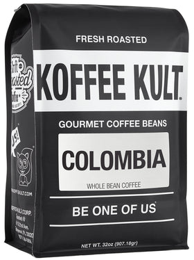 Koffee Kult Colombia Arabica whole beans 32oz bag for versatile brewing.