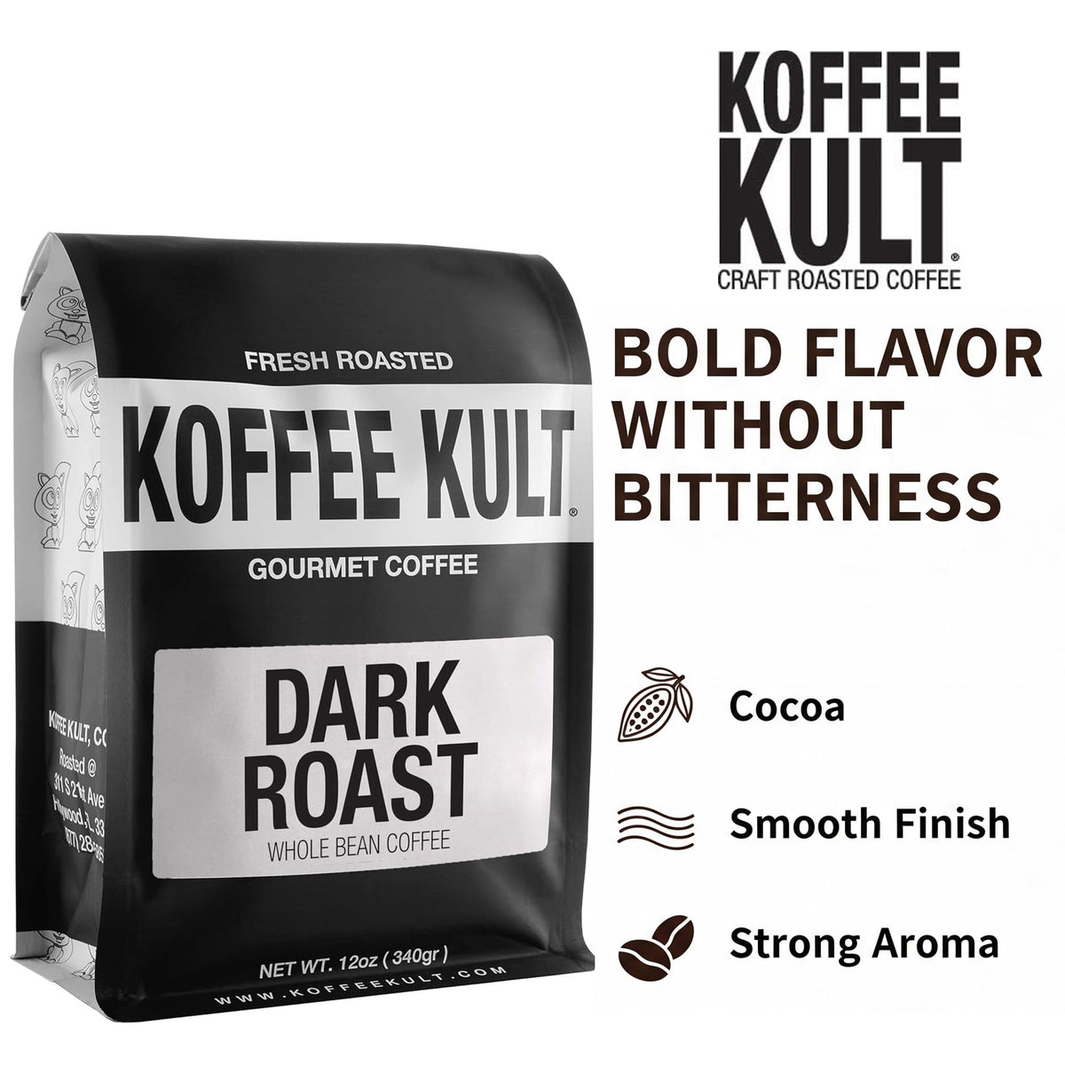 Koffee Kult dark roast aroma rises from beans beside a steaming cup.