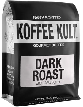 Koffee Kult dark roast coffee beans in a resealable bag preserving freshness.